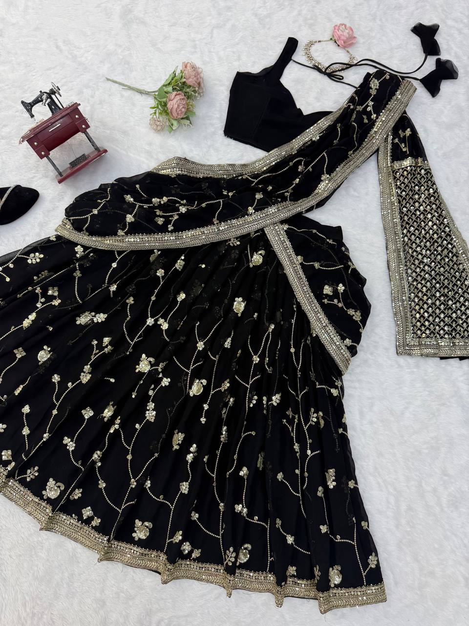 Midnight Black Georgette Lehenga Choli Adorned with Delicate Silver Floral Vine Embroidery and Scalloped Borders